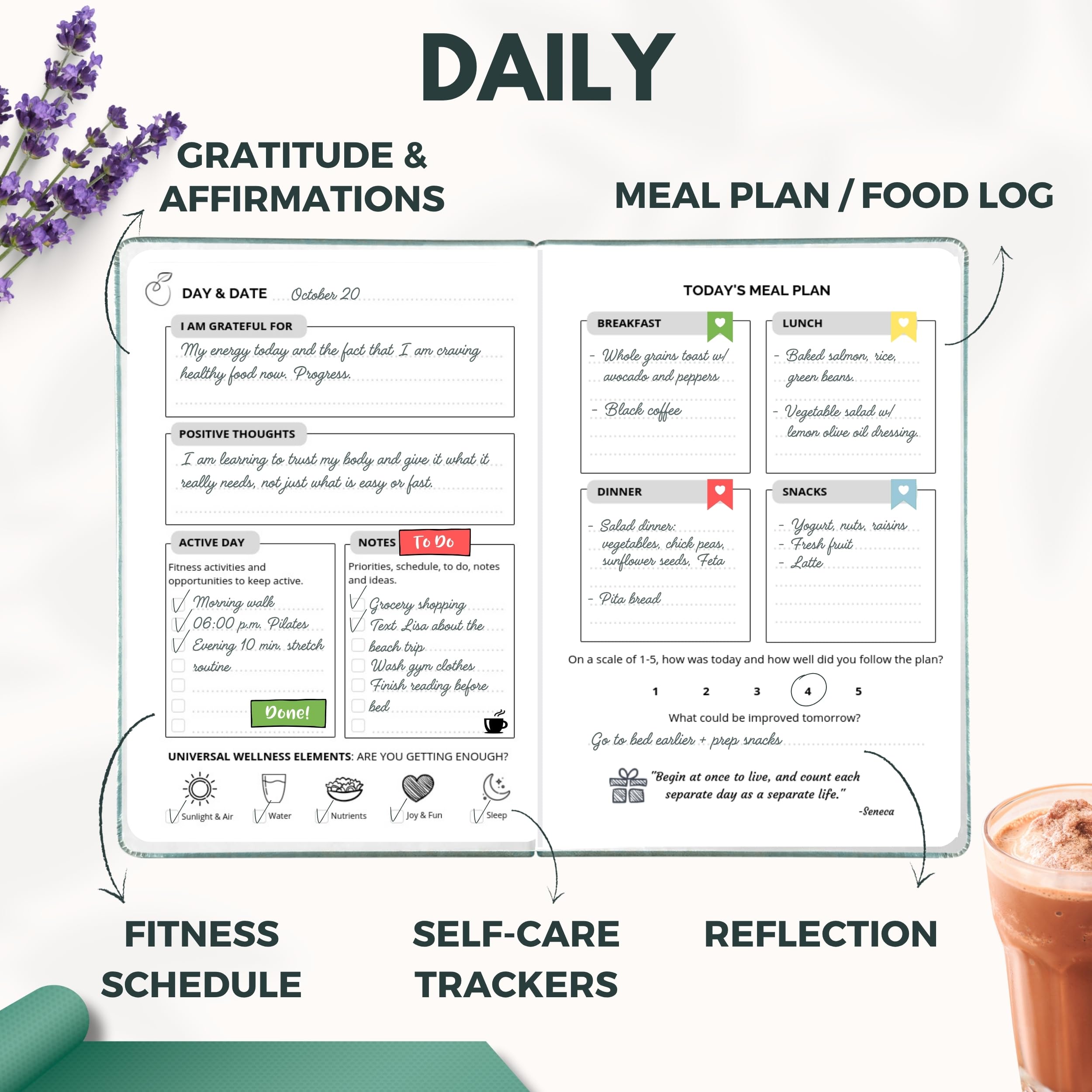 Life & Apples Planer wellness, dziennik żywności i dziennik fitness z codzienną wdzięcznością i planerem posiłków dla zdrowego stylu życia i samoopieki, śledź dietę odchudzającą i cele zdrowotne, bez
