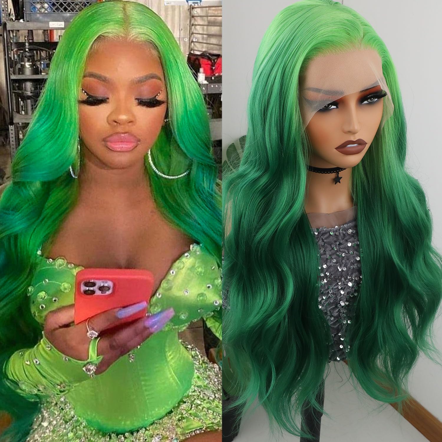 Missyvan Green Lace Front Wigs Glueless Long Wavy Synthetic Lace Front Wig Dark Green Ombre Loose wave Wigs for Women Soft Hair Heat Resistant