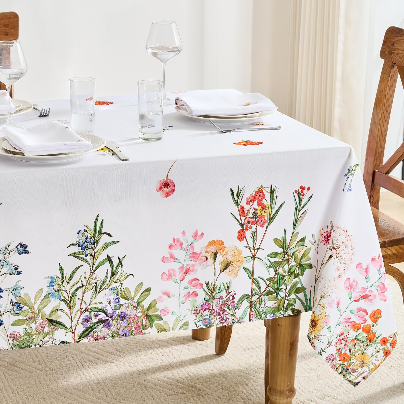 FIBORIA Frühling Tischdecke Outdoor 140×240 cm rechteckig weiß mit Blumen Tischtuch abwaschbar & wasserabweisend Groß Frühlingstischdecke für Garten Draußen Terrasse Esstisch Balkon Ostern Bar Party