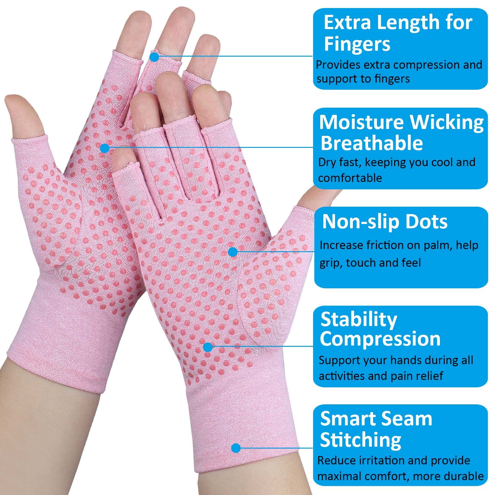 2 pares de guantes de artritis para mujeres y hombres, guantes de compresión sin dedos para dolor de manos, túnel carpiano, puntos antideslizantes