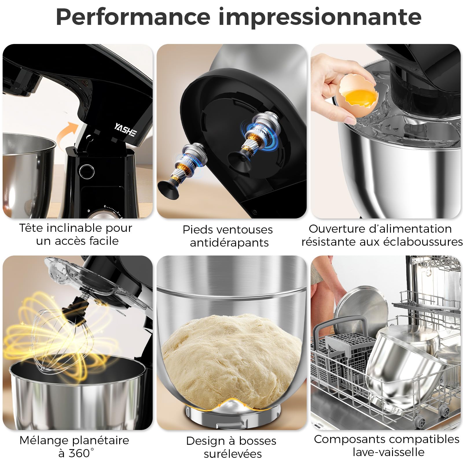 YASHE Robot Pâtissier 1500W, 4,5L + 5L Deux Bols en Acier Inoxydable, 10+P Vitesses, Tête Inclinable, Crochet à Pâte, Batteur & Fouet, Robot Pétrin Professionnel