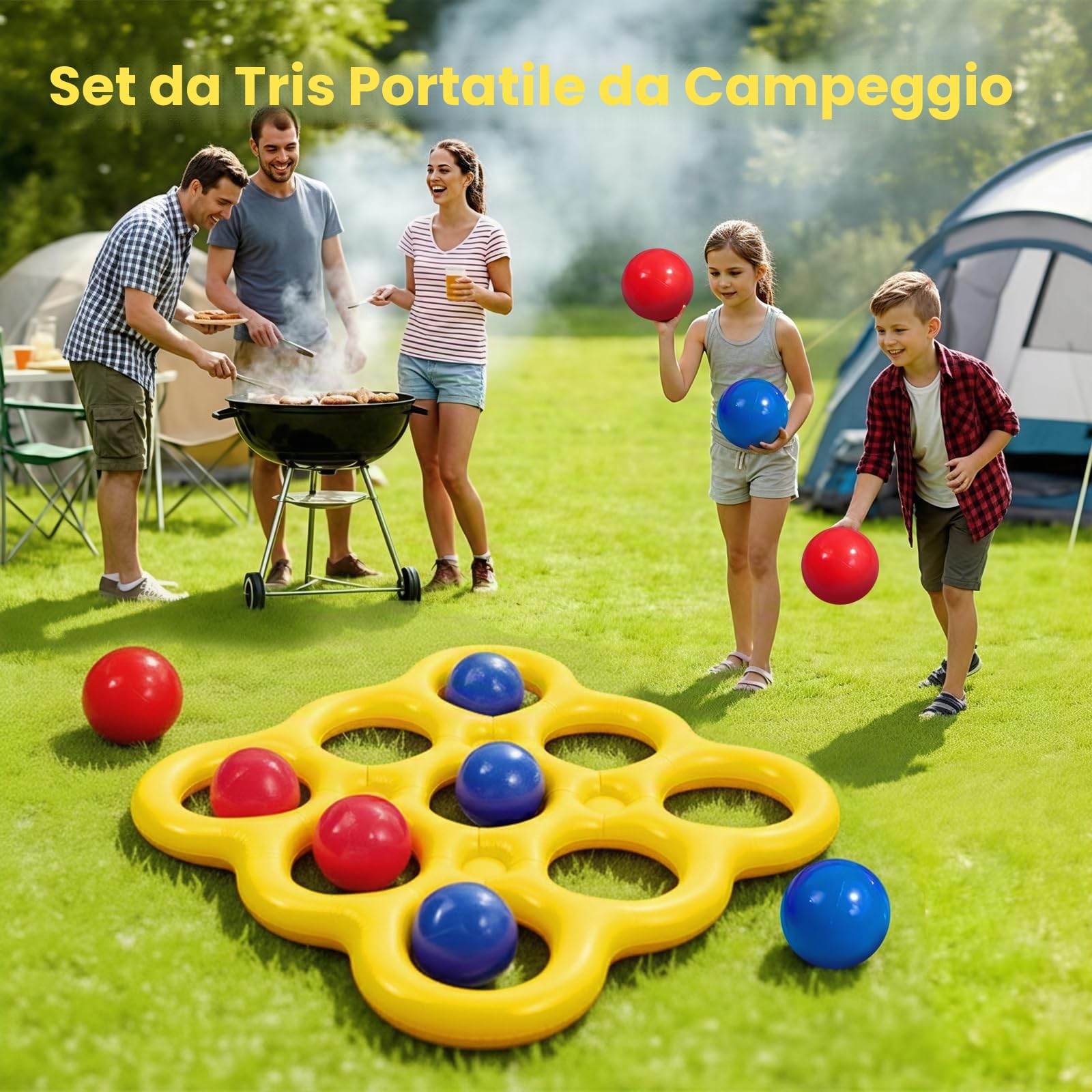 MoKo Set Giochi Acquatici Tic-Tac-Toe per Piscina, Galleggiante Piscina Gonfiabile con 10 Palline, Giochi per Feste in Famiglia Spiaggia Outdoor Adulti Adolescenti Bambini 2-10 Giocatori, Giallo