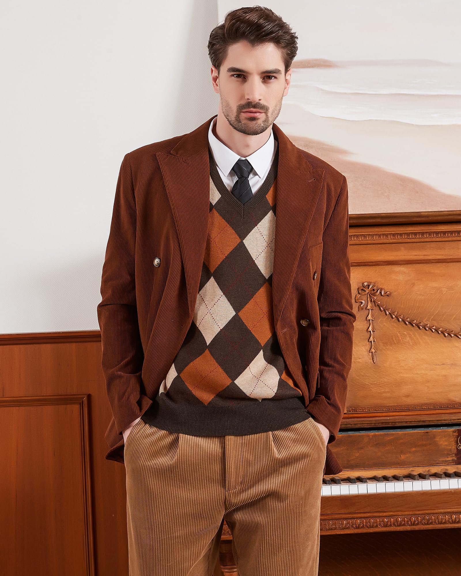 Kallspin Hommes Pull sans Manches Argyle Laine mélangée Gilets tricotés Pull à col en V Gilet Pullover