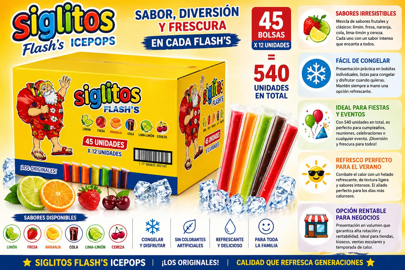 Siglitos Flash's Ice Pops 45 Pack 540 Units Sabores Surtidos Frutales Cola Hielitos Congelables