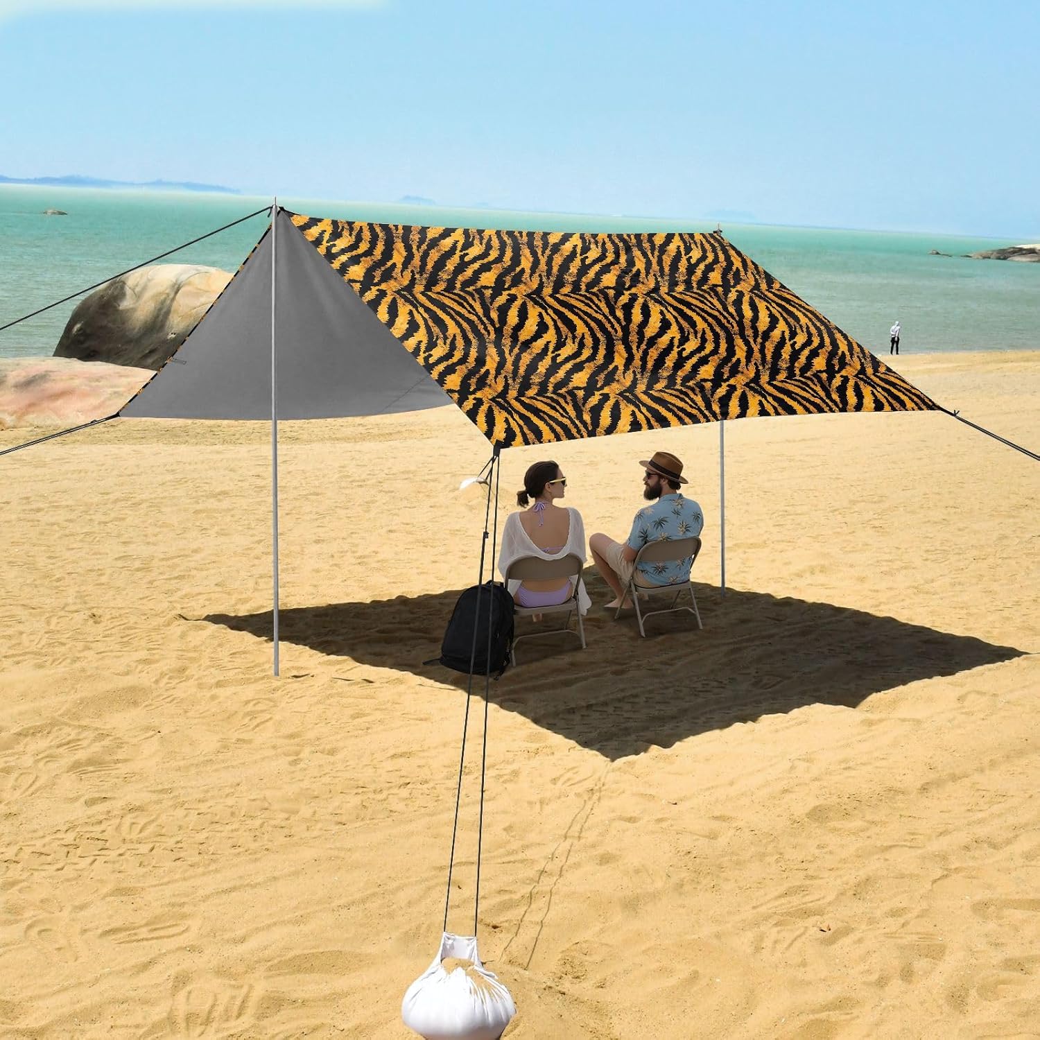 ALAZA Tiger Prints Beach Tent Sun Shelter UPF50+ Protection Beach Shade Canopy w/ 4 Sandbags for Outdoor Camping, Fishing, Backyard Fun, Picnic, 10x9 ft