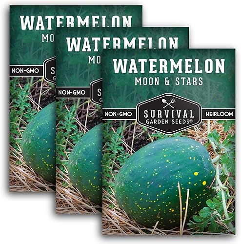 Survival Garden Seeds - Semillas de sandía Moon & Stars para plantar - 3 paquetes con instrucciones para plantar y cultivar melones en tu huerto