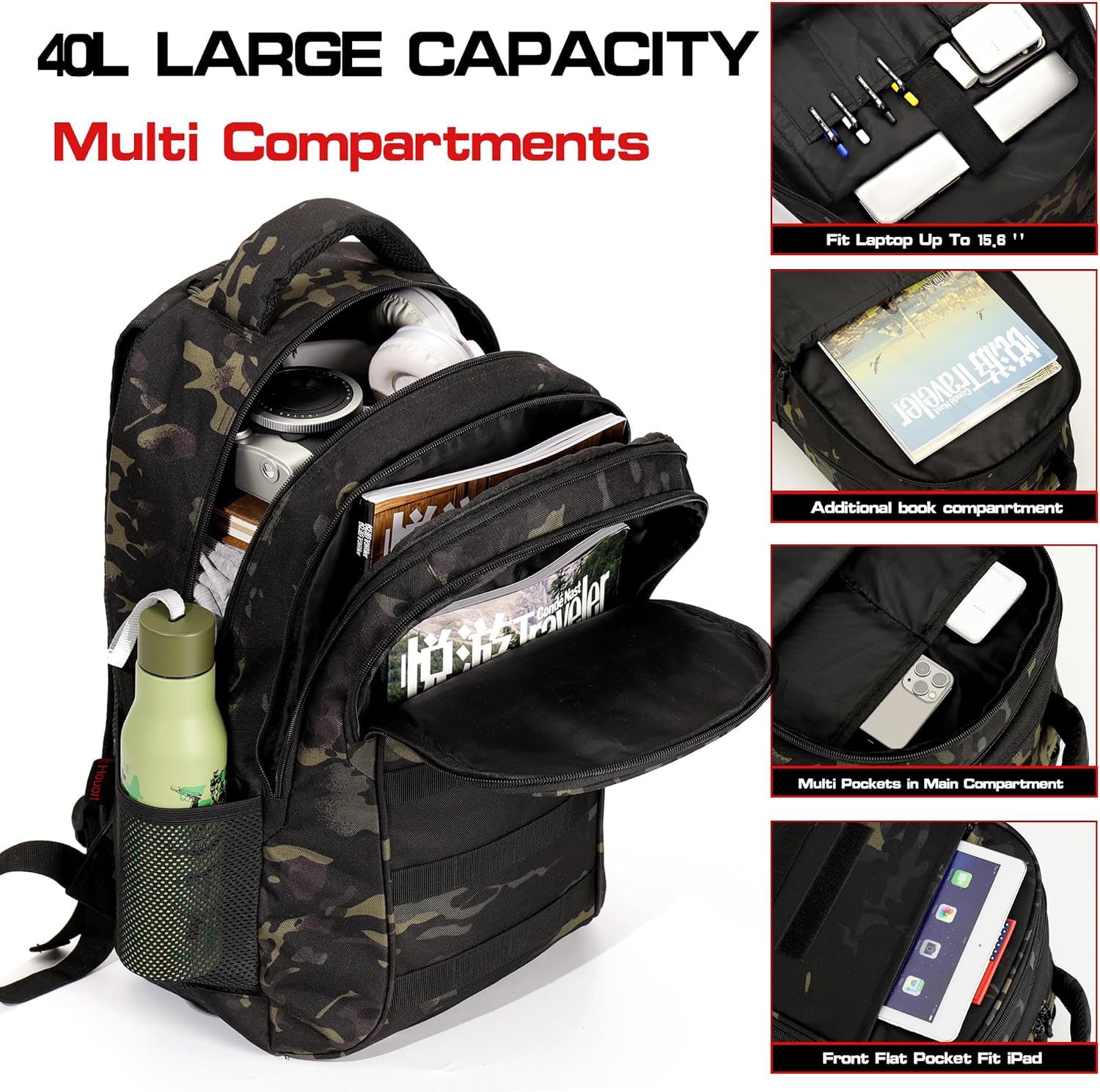 Camo Backpack 40L Military Elementary Middle School Boys Backpack Molle with USB Charging Port & Flag Patch