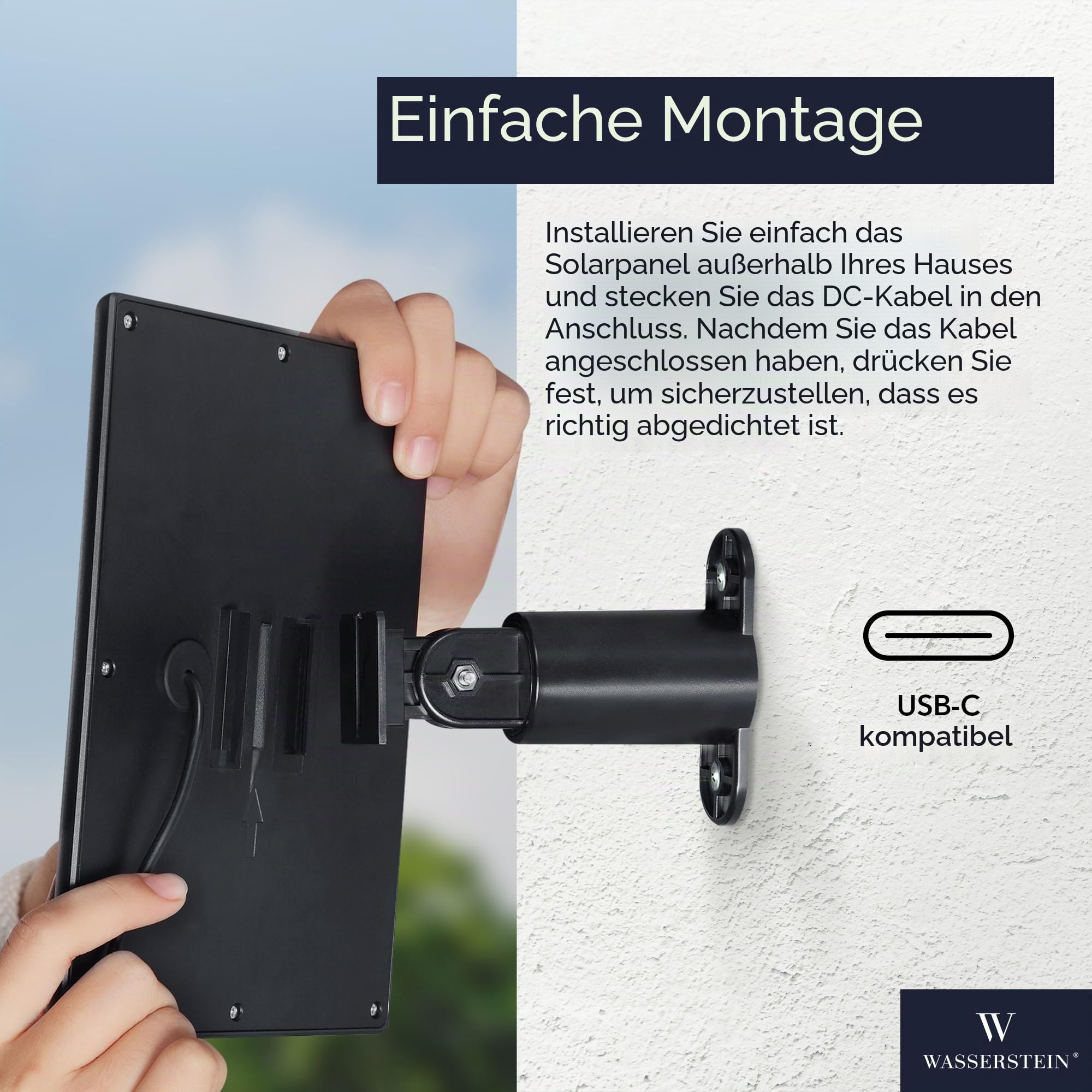 Wasserstein Solarpanel kompatibel mit Ring Spotlight Cam Plus/Pro/Battery und Ring Stick Up Cam Akku – inklusive Hohlstecker mit USB-C-Adapter – 2 W 5 V Aufladung (1 Stück, schwarz)