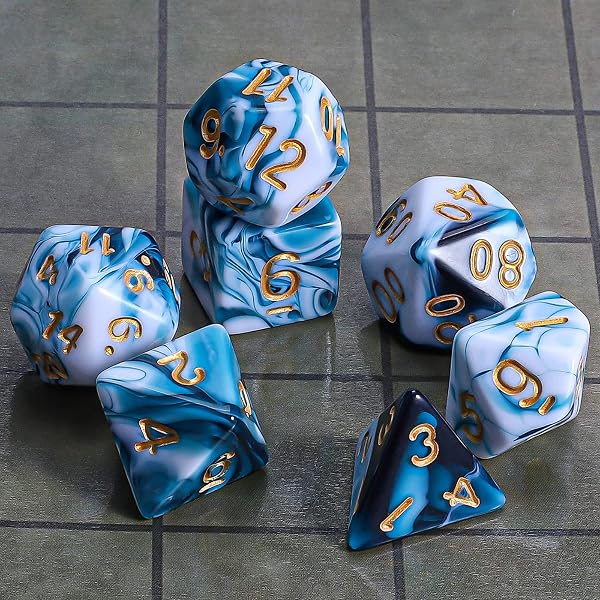QMAY DND Lot de 7 dés polyédriques pour Donjons et Dragons MTG RPG D&D D20, D12, D10, D%, D8, D6, D4 (Cyan Mélangé au Blanc) - 2