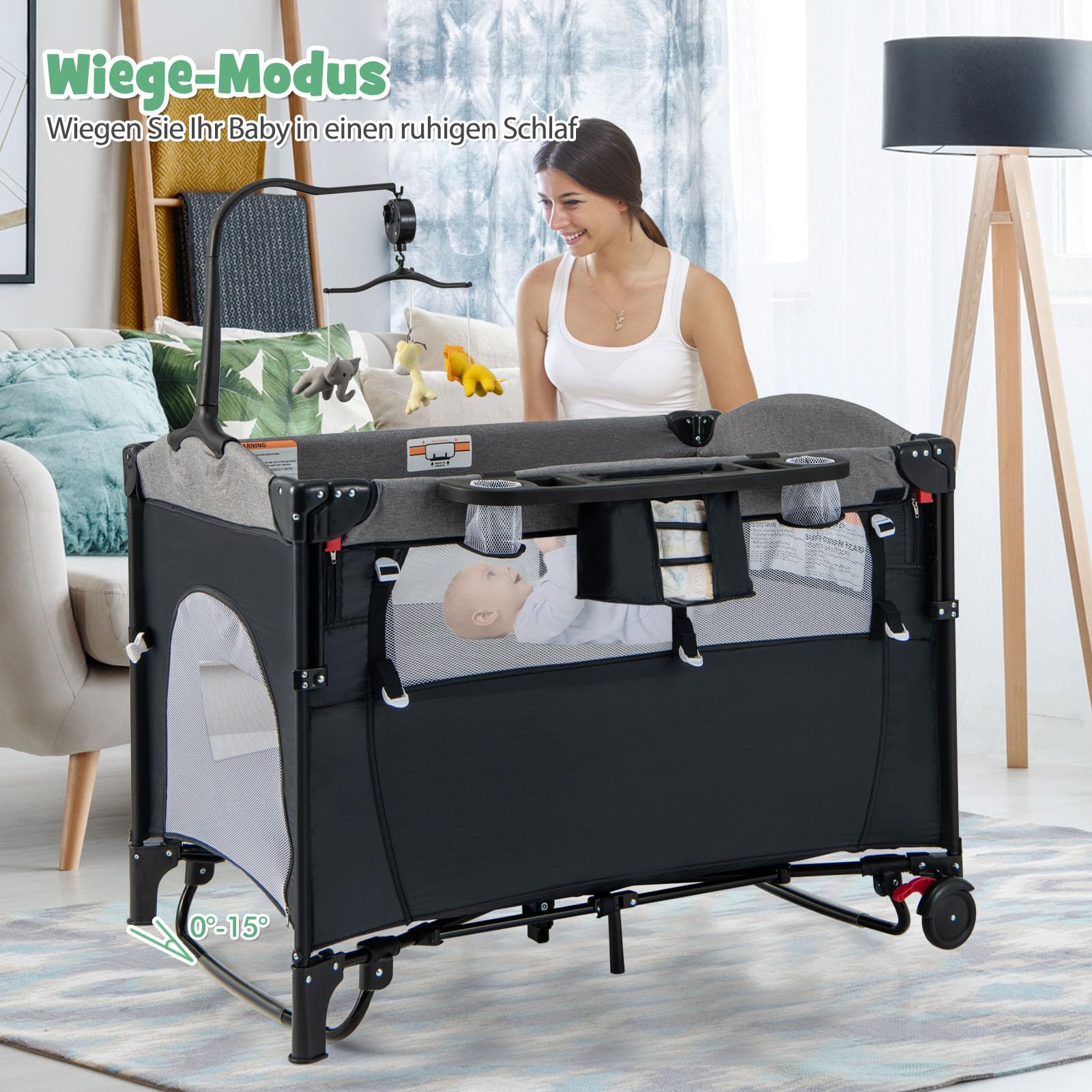 DREAMADE 5 in 1 Reisebett Baby, 120 x 60cm Beistellbett mit Matratze & Wickeltisch, Spieluhr & Spielzeug, höhenverstellbares Babybett für Baby ab Geburt(Dunkelgrau)