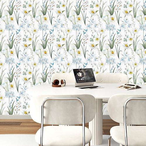 Miniatura 6 de Papel tapiz floral para despegar y pegar, papel de contacto con margaritas blancas, papel tapiz floral bohemio de 17.5 x 118 pulgadas, papel de