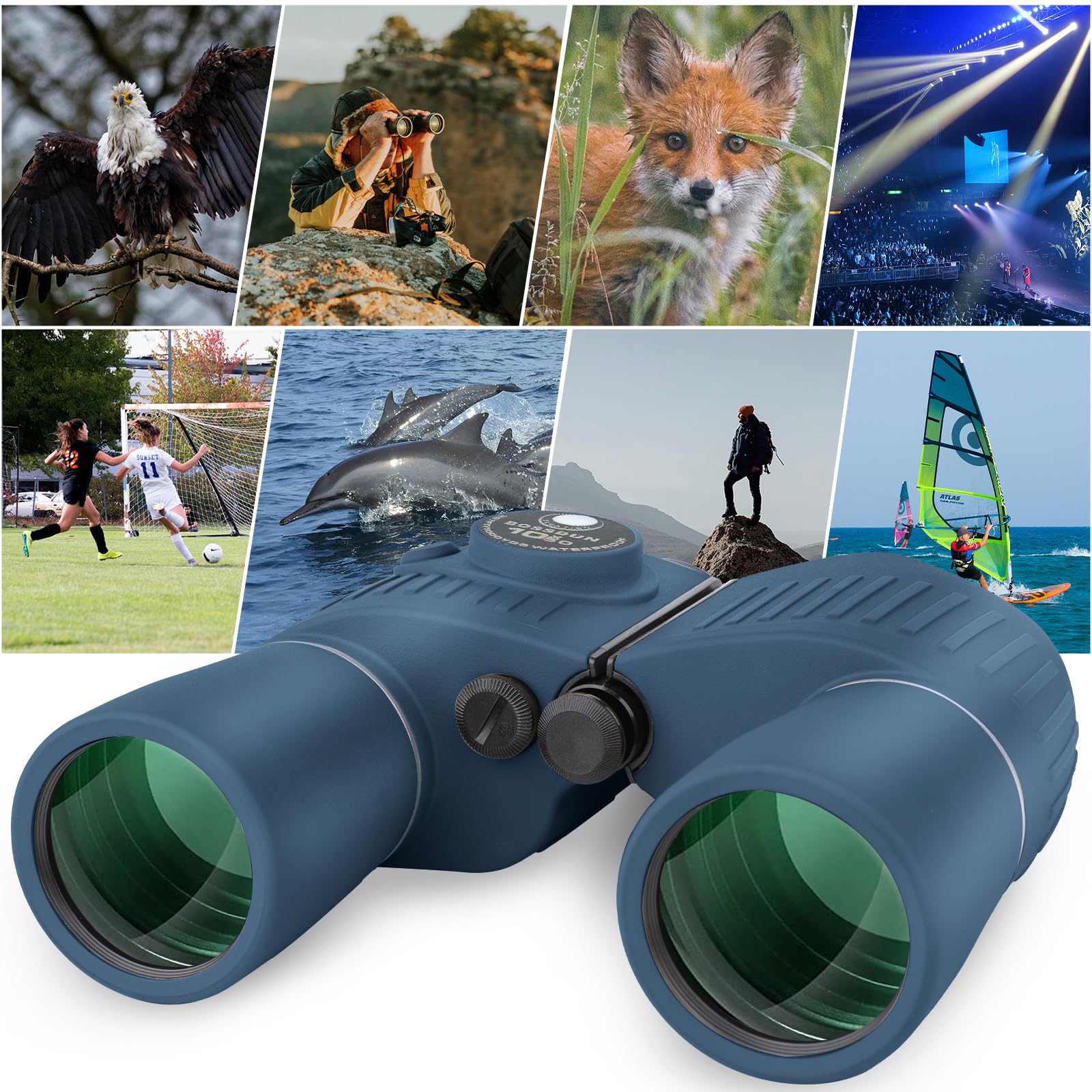 10x50 Marine Fernglas,Fernglas mit Nachtsicht Entfernungsmesser und Kompass, für Wassersport-Enthusiasten und Hobbysegler, inklusive Bereitschaftstasche, Staubschutzkappen und Trageriemen (Blue)