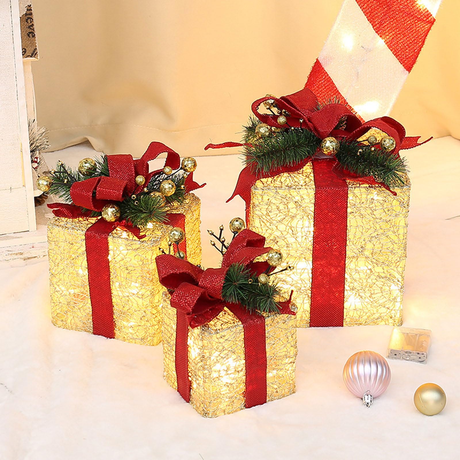 ozdoby świąteczne, Zestaw 3 pudełek prezentowych z podświetleniem LED (wielokolorowe, różne rozmiary)(T1230573 Gold] (Set of 3))