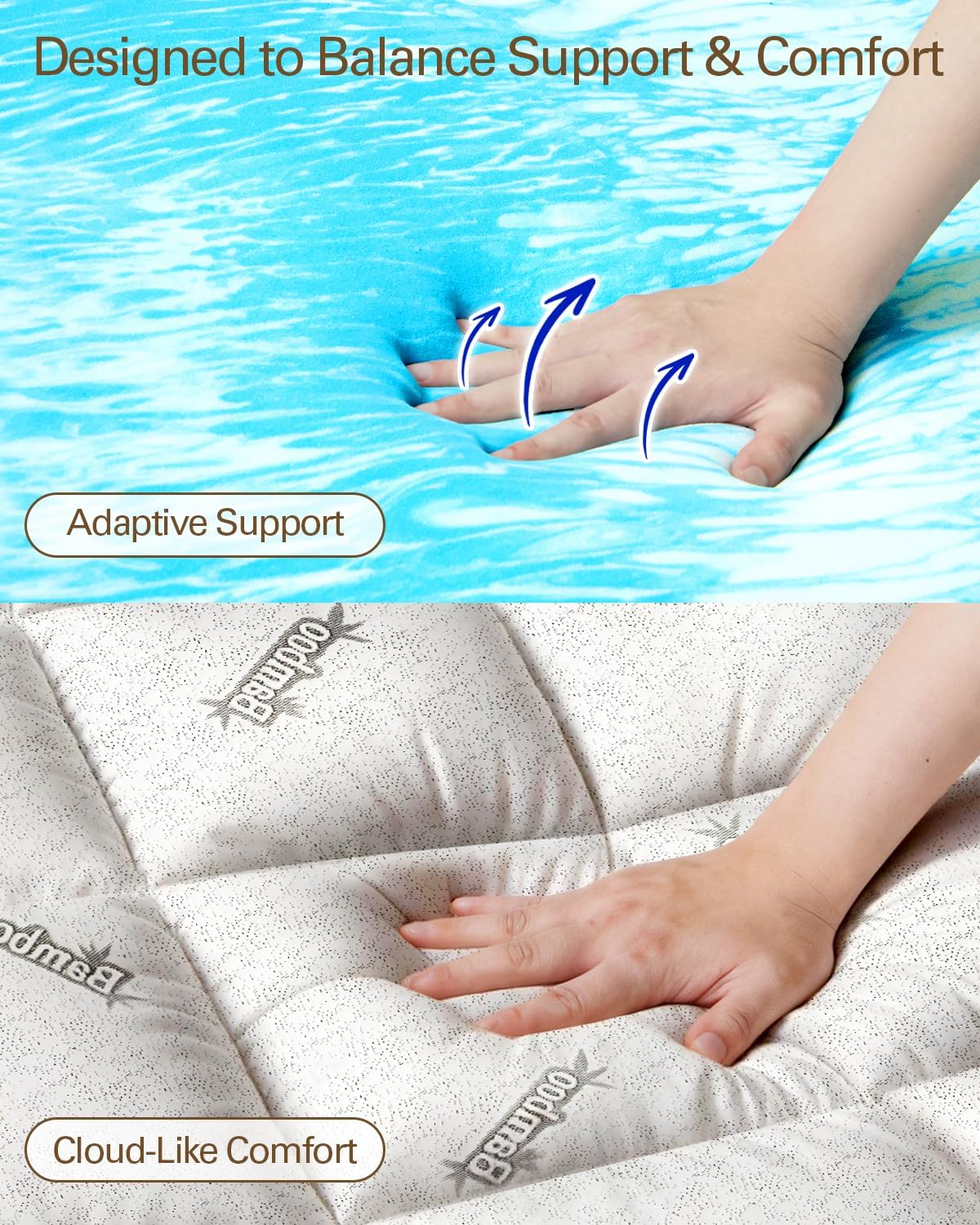 Pillow Top Memory Foam Mattress Topper King 3 Inch, Dual Layer Hybrid Pad | 2 Inch Support Cooling Gel Memory Foam for Back Pain Relief, 1 Inch Soft Breathable Bamboo-Derived Rayon Cover, CertiPur-US