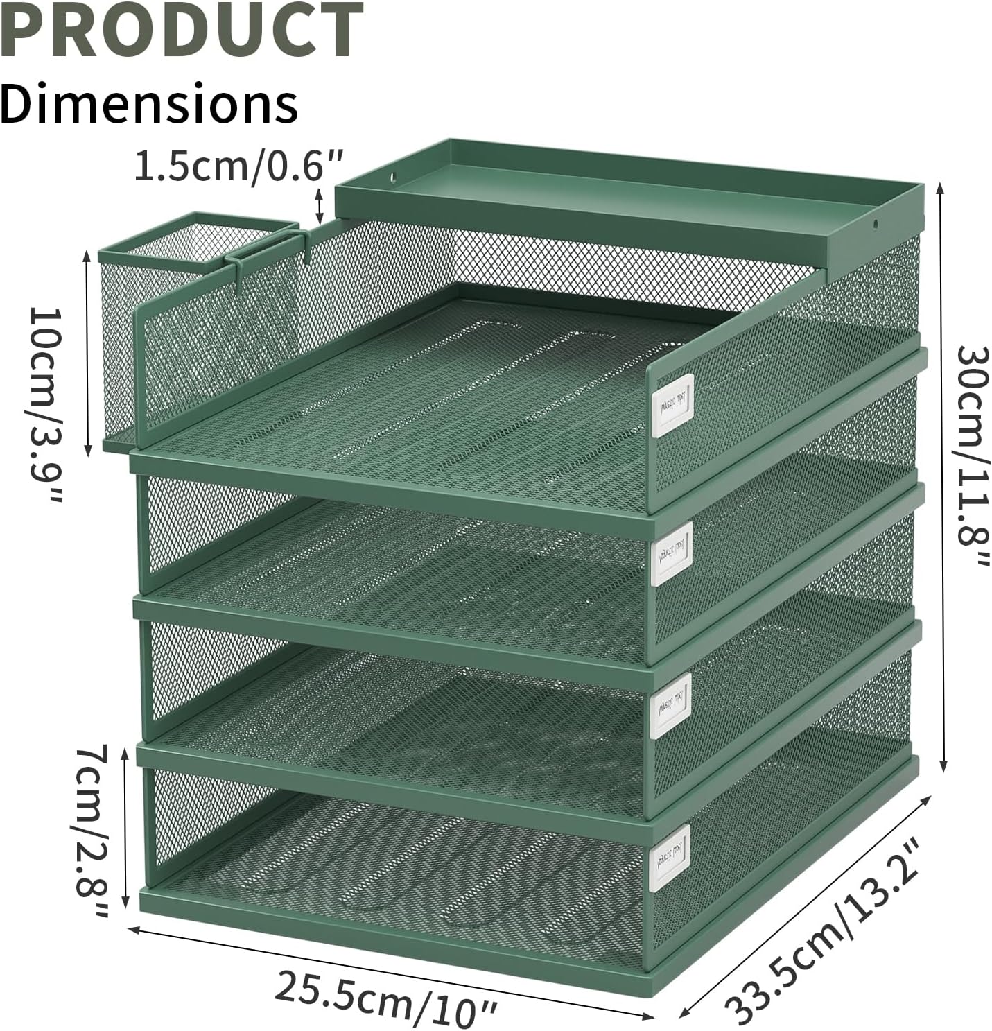 FANXIYQ Stackable Letter Trays, 4 Tier Metal Paper Tray & Desk Organizer, Stackable File Trays for Office & Home, Multi-Functional Document Tray with Fine Grid Design & Magnetic Labels,Green