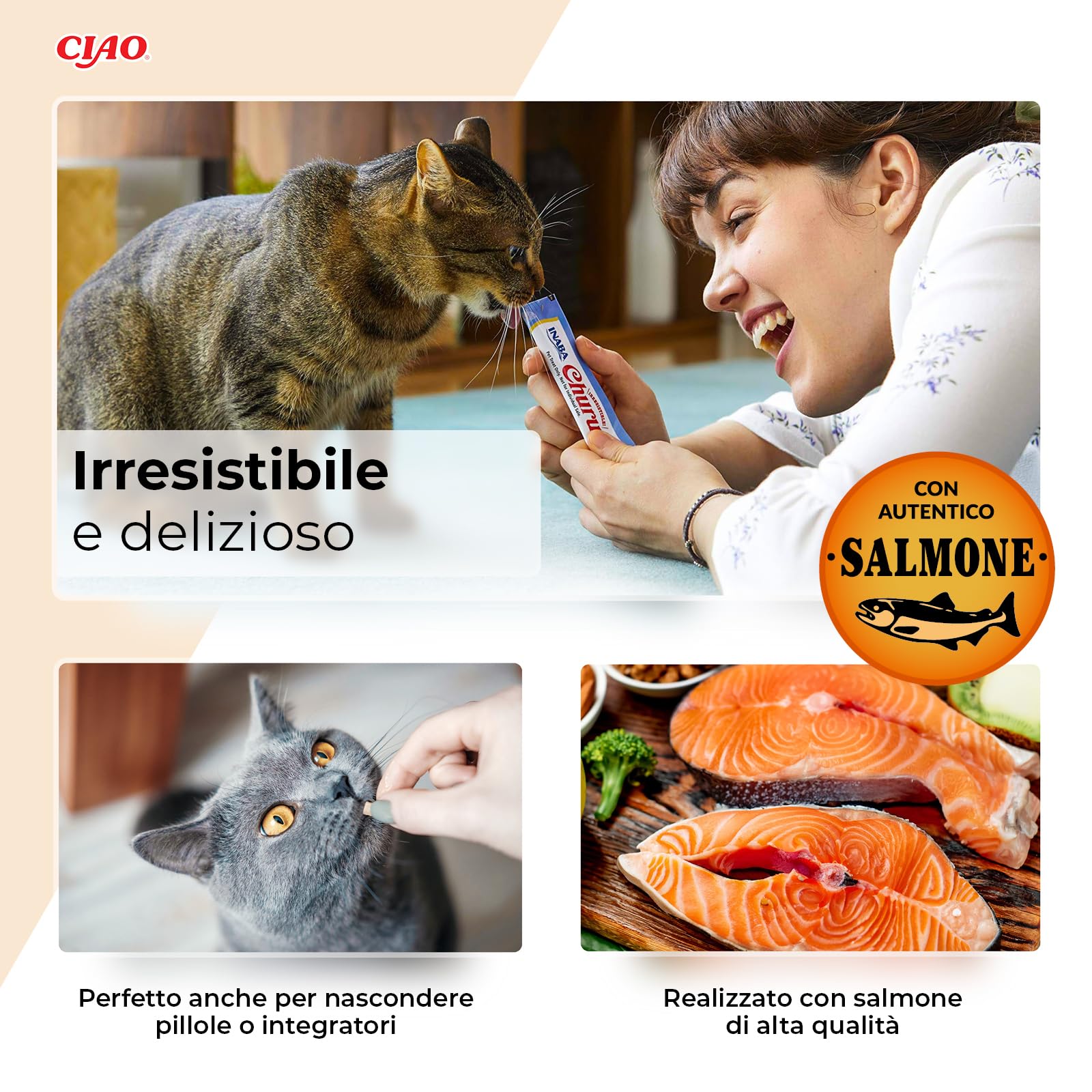 INABA Churu Salmon Variety Pack, Snack Cremosi per Gatti in Morbido Purè da Dare a Mano, Ricette con Salmone, Tonno, Pollo e Capesante, Ingredienti di Alta Qualità, Ricchi di Umidità, 60 stick da 14g