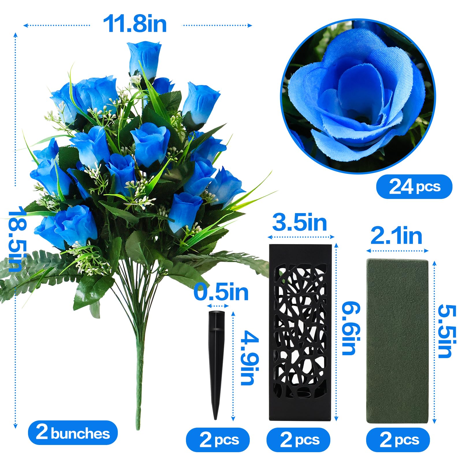 2 Sets 48 Heads Artificial Cemetery Flowers with Vase,Memorial Flowers,Realistic Vibrant Roses,Black Plastic Cemetery Headstones Vases with Spikes Human Grave Markers Flower Holder Outdoor Memorials