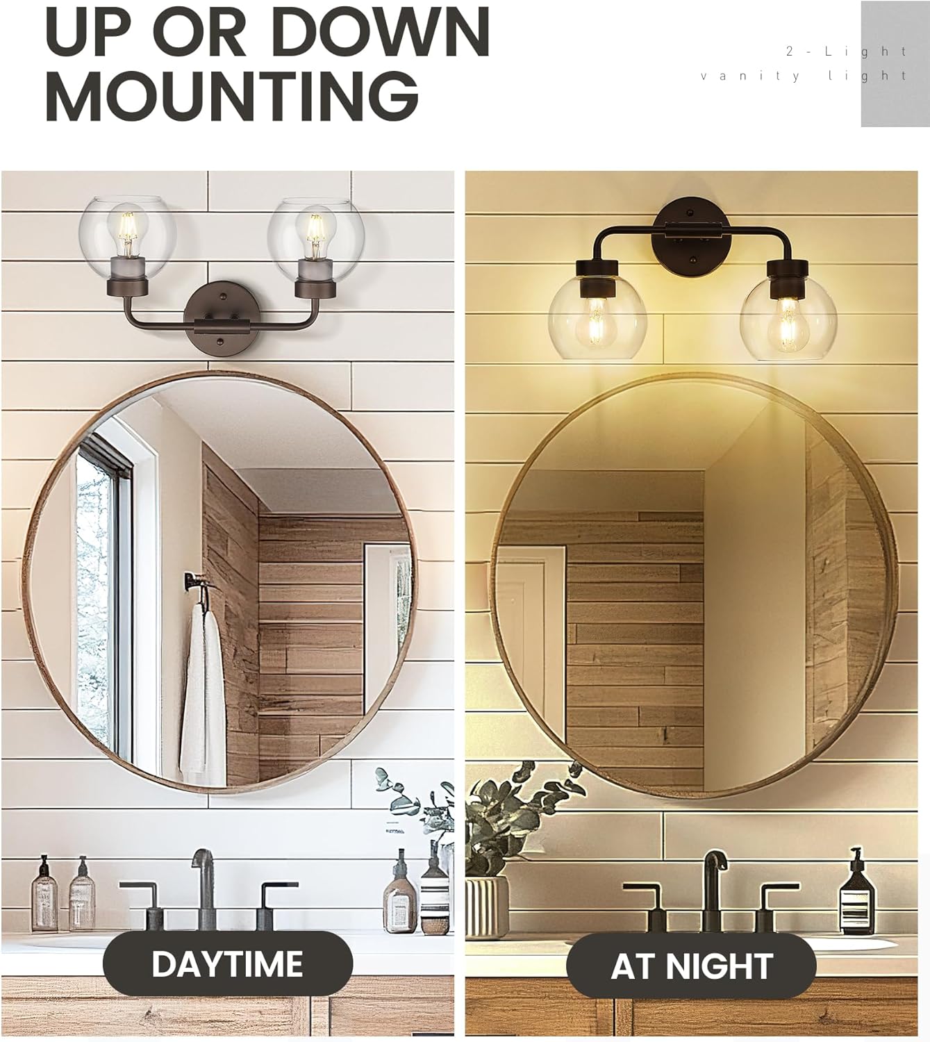 zeyu 2-Light Bathroom Vanity Lights Over Mirror, Farmhouse Globe Bathroom Light Fixtures with Clear Glass Shade, Oil Rubbed Bronze Finish, ZS62BG-2W ORB