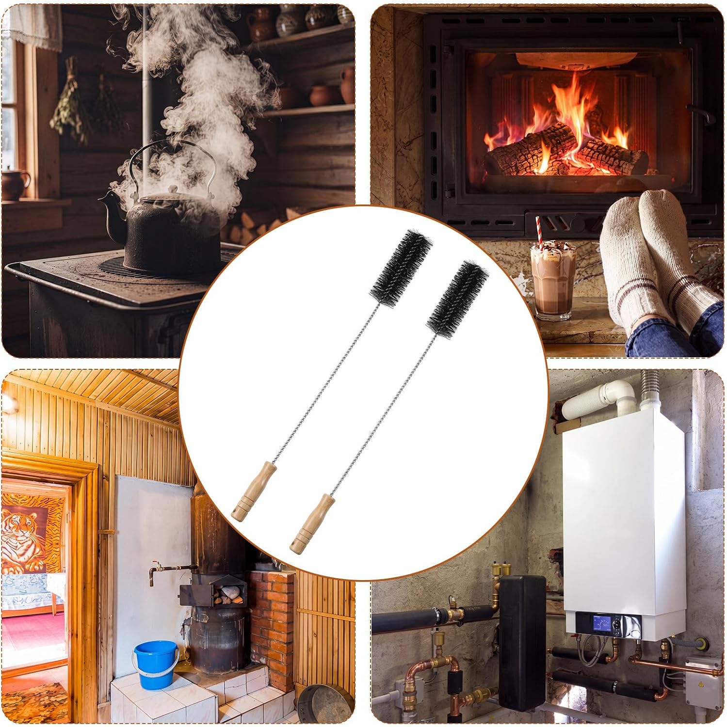 2 Sets Furnace Boiler Brush Stove Pipe Cleaner, Dia 2, Length 27