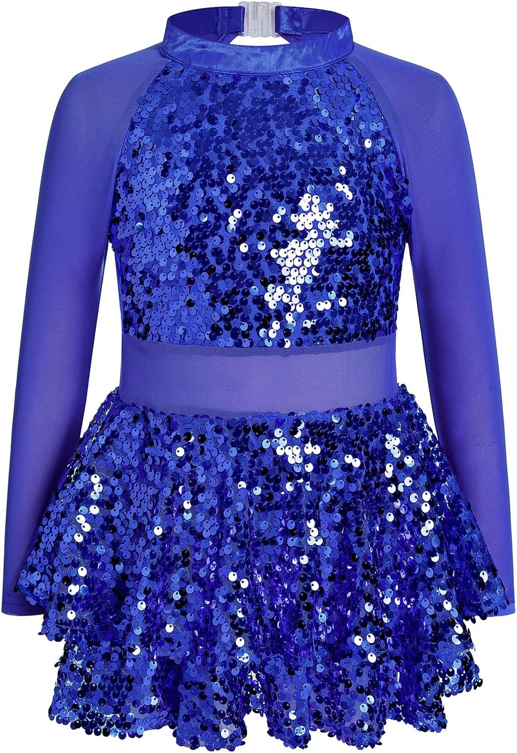 ODASDO Girls Sparkle Sequins Dance Outfit Kids Latin Hip Hop Jazz Dancewear Mesh Long Sleeve Glitter Dress with Shorts Set