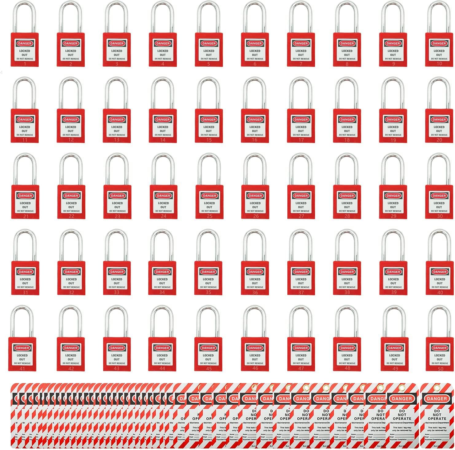 SAFBY 50 Keyed Different Lockout Tagout Locks with 50 Lock Out Tag Out Tags - Loto Safe Padlocks for Lock Out Tag Out Stations and Devices