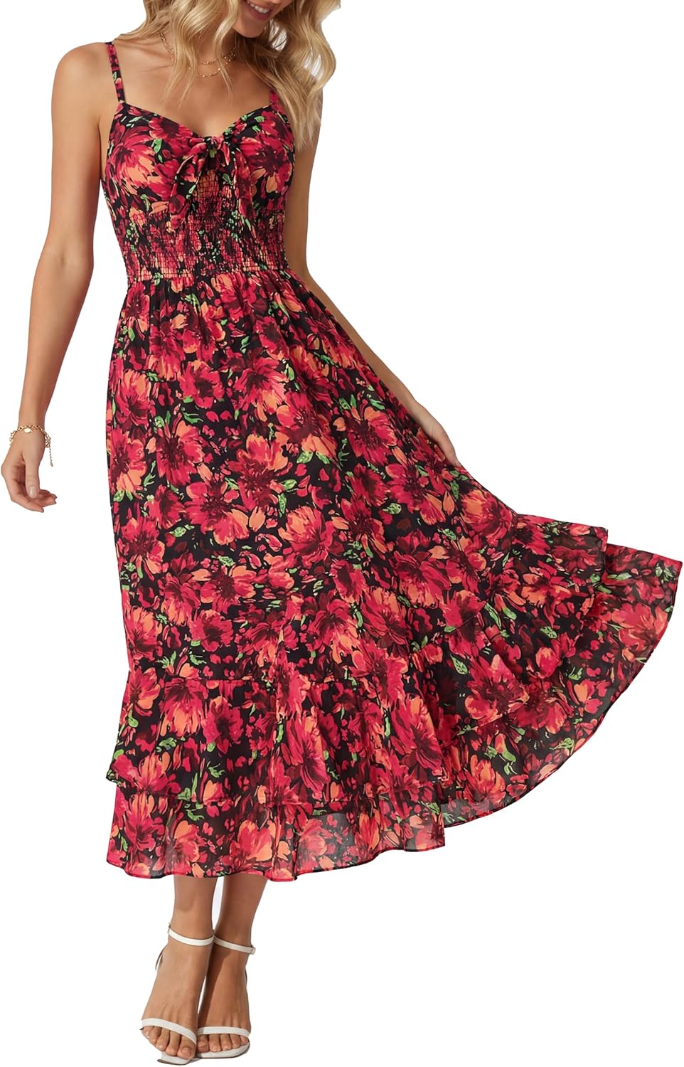 GRACE KARIN Women's Summer Floral Maxi Dress Spaghetti Strap A Line Beach Boho Dresses Ruffle Tiered Casual Dress