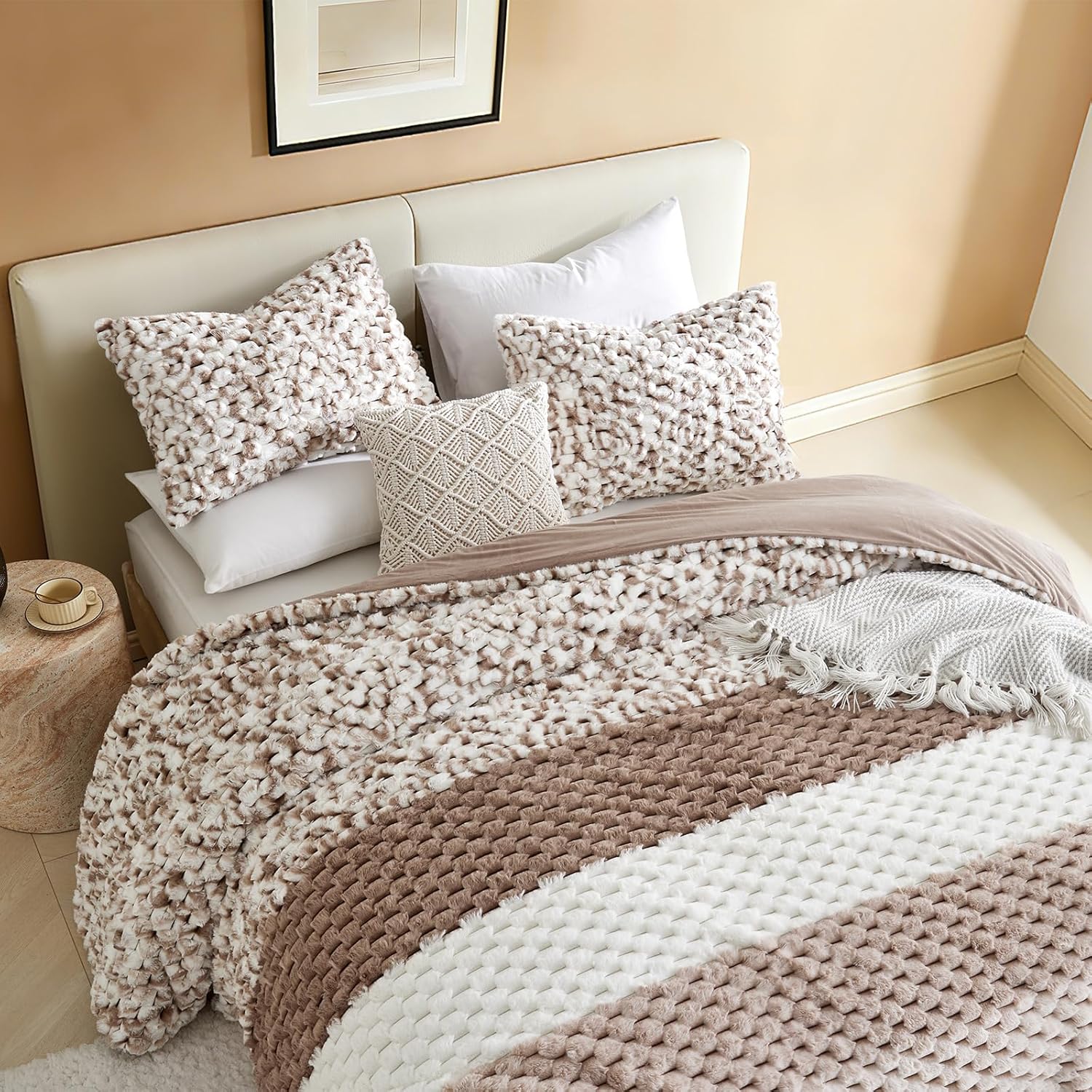 Petrichor Fluffy Queen Comforter Set - Taupe and White Striped Faux Fur Blanket for Queen Bed, Ultra-Soft Warm Bedding for Winter & Fall, Cozy 3 Piece Bed Set (1 Comforter & 2 Pillowcases)