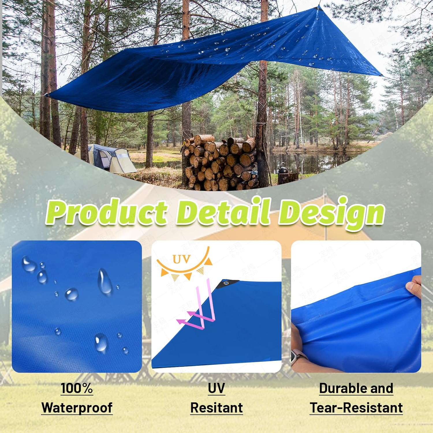 Blue 8'x10' 10.6 Mil Heavy Duty PVC Tarp - Double Waterproof UV Resistant Tear Proof with Reinforced Grommets for Camping Truck Boat Motorcycle Cover Patio Emergency Shelter