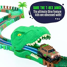 Dinosaur Jurassic Race Track Glow in The Dark Toy Playset - Includes Dino Figures, Epic Loop & Jaw Tunnel Set - Birthday for Kids, Boys & Girls 3-8 Years Old
