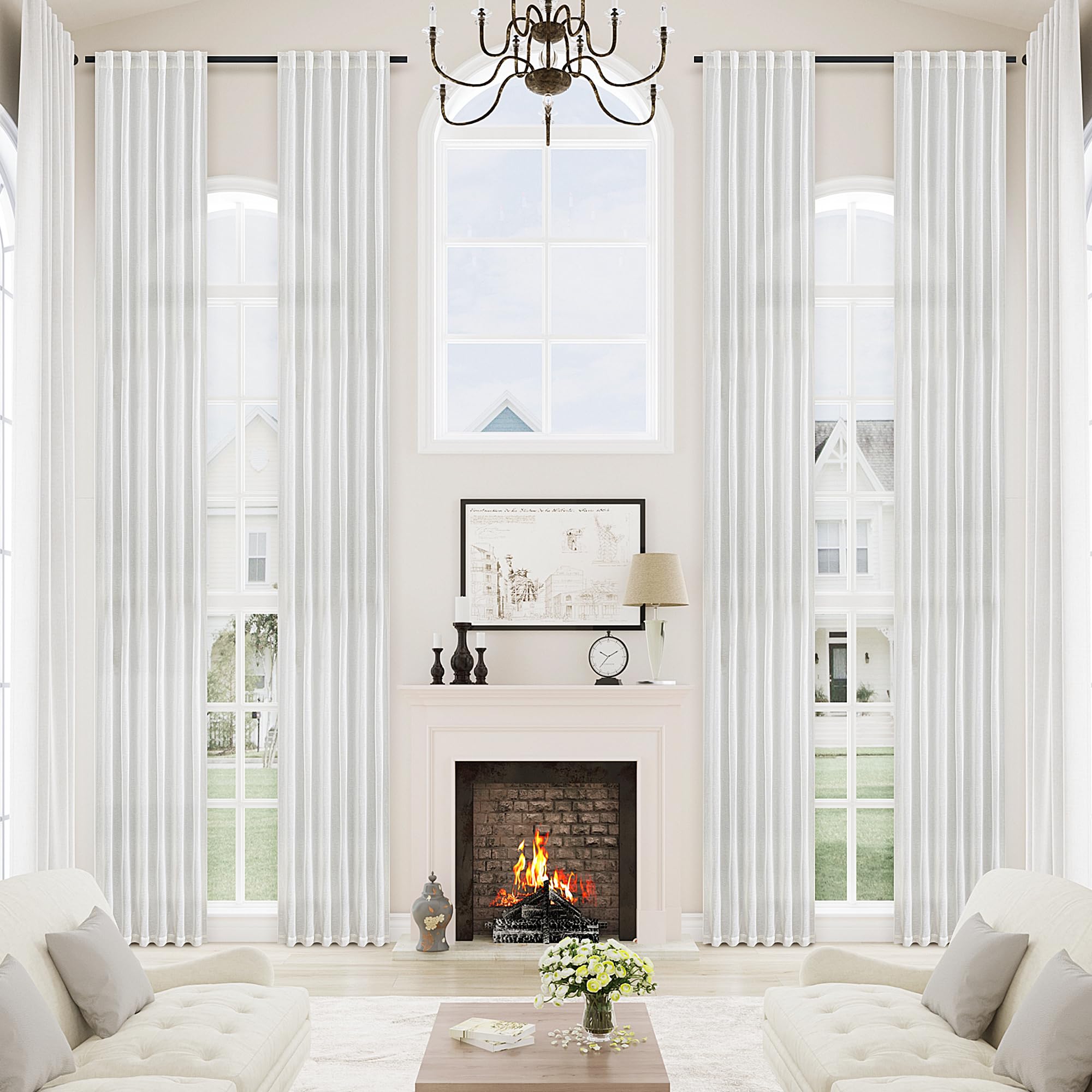 White Sheer Linen Curtains 132 Inches Long for Living Room High Ceiling Privacy Extra Long Back Tab Off White Curtain Drapes for Bedroom Hotel Loft Tall Windows Sliding Door 11 FT (1 Panel, W52xL132)