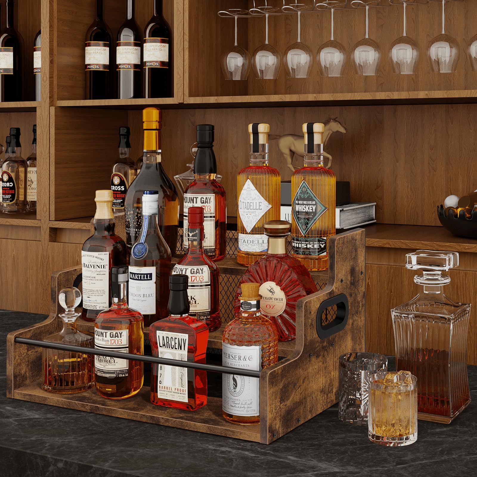 Bar Counter Racks Snapklik.com : Liquor Bottle Display Shelf, 3 Step Coffee Syrup Rack ...