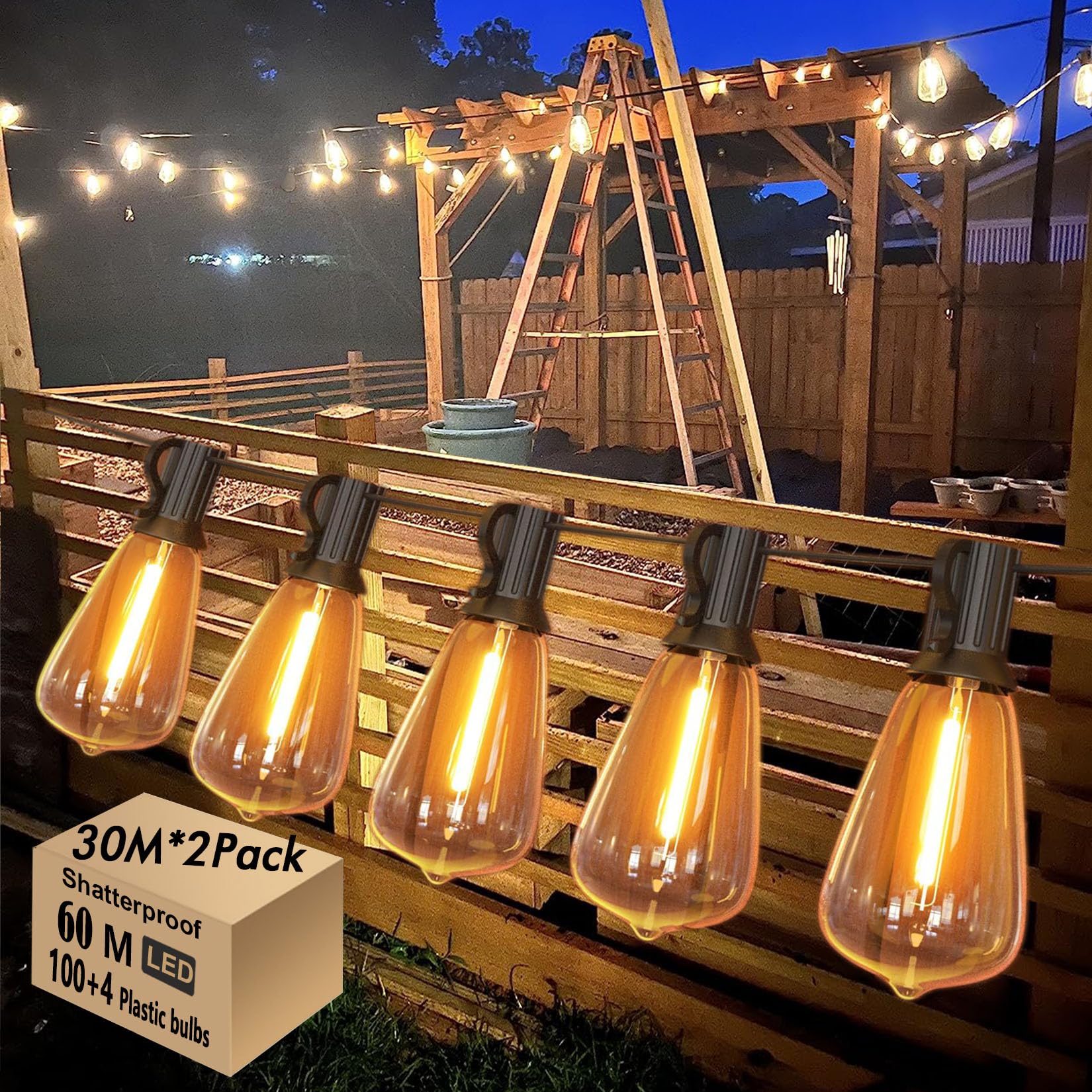 Skeerei 60M Outdoor Festoon Lights Mains Powered 200FT Garden String Festoon Lights IP44 with 100+4 LED Vintage ST38 Outdoor Lights 2700K for Patio Pegola Backyard Party Gazebo, 2-Pack — image 1