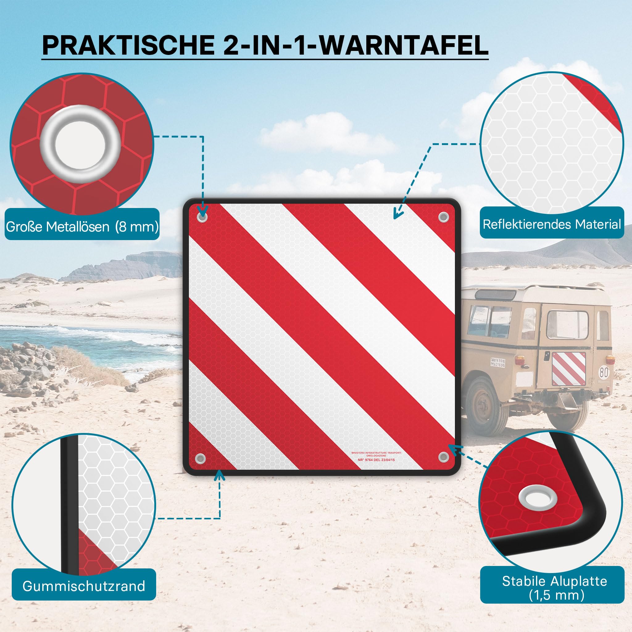 Wiltec 2in1 rot weiße Warntafel Spanien und Italien aus Aluminium mit Befestigungslöchern 500x500 mm reflektierend Warnschild für Fahrradträger und Heckträger zur Kennzeichnung überstehender Ladung
