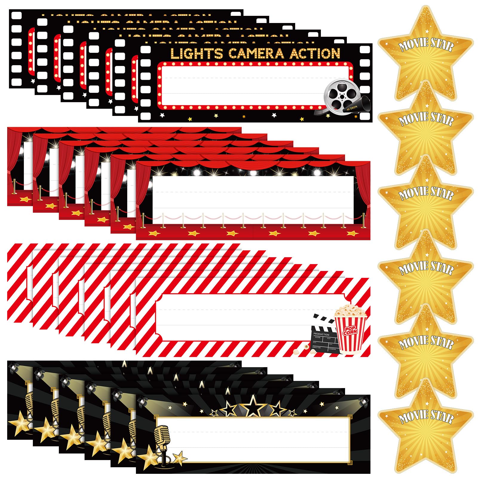 Fullhawl 48 Pcs Movie Night Theme Nameplates with Star Cut-Outs Self Adhesive Back to School Classroom Bulletin Board Decoration Nametags for Classroom Desk Movie Night Supplies Party Favors