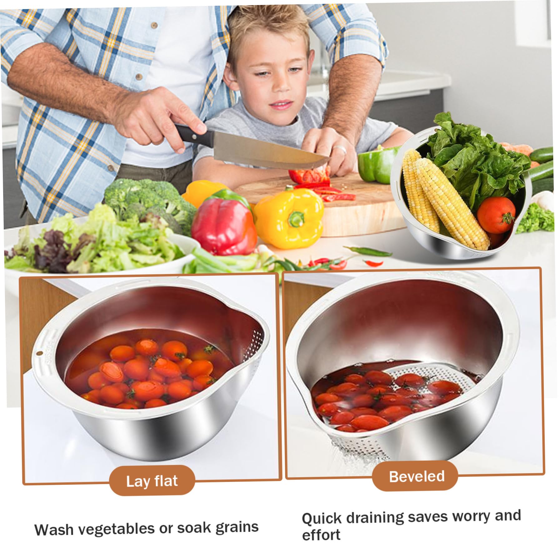 Colador de arroz Lavadora de arroz de drenaje lateral Tazón de lavado de acero inoxidable con gancho para colgar Colador inferior en forma de V para limpiar frutas, verduras y frijoles