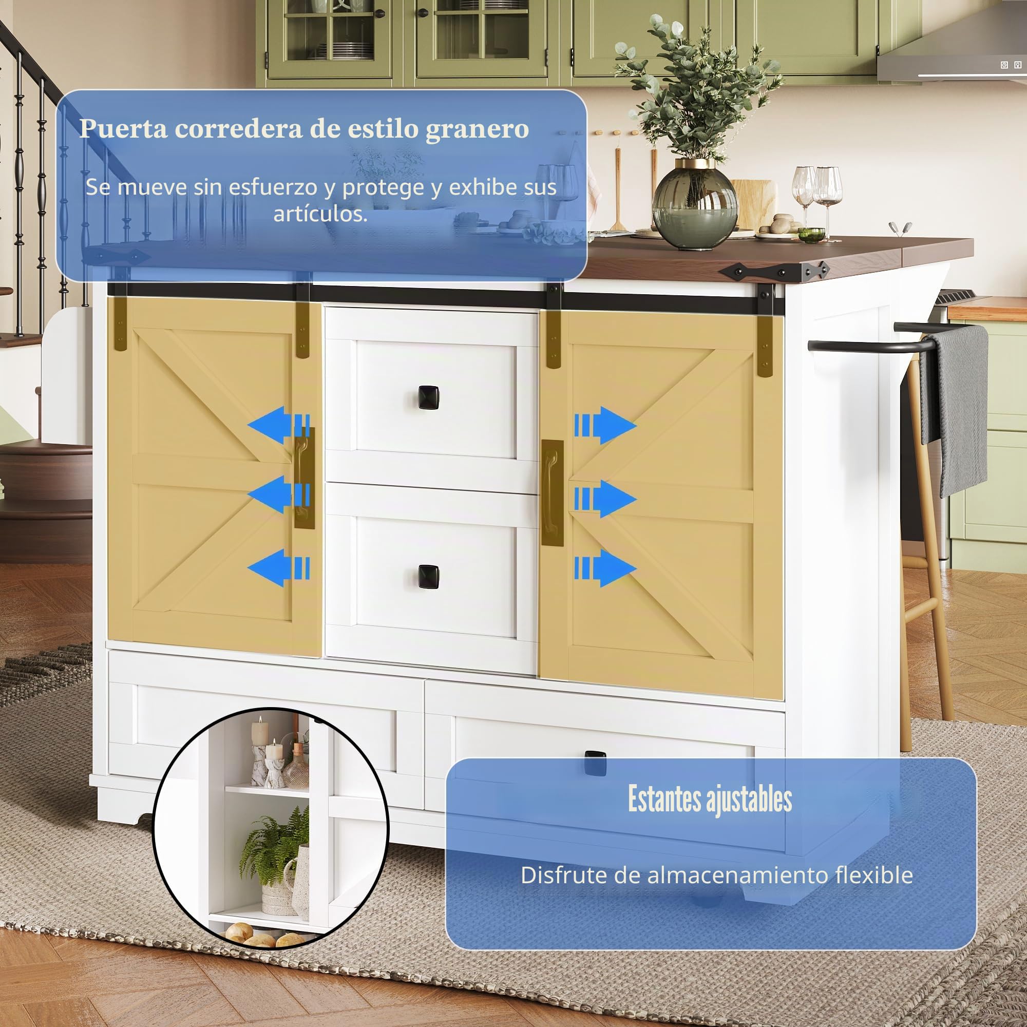 Carrito de cocina multifuncional con mesa plegable, isla de cocina móvil, bar, aparador con espacio de almacenamiento, carrito de servir con tres cajones y dos puertas de armario