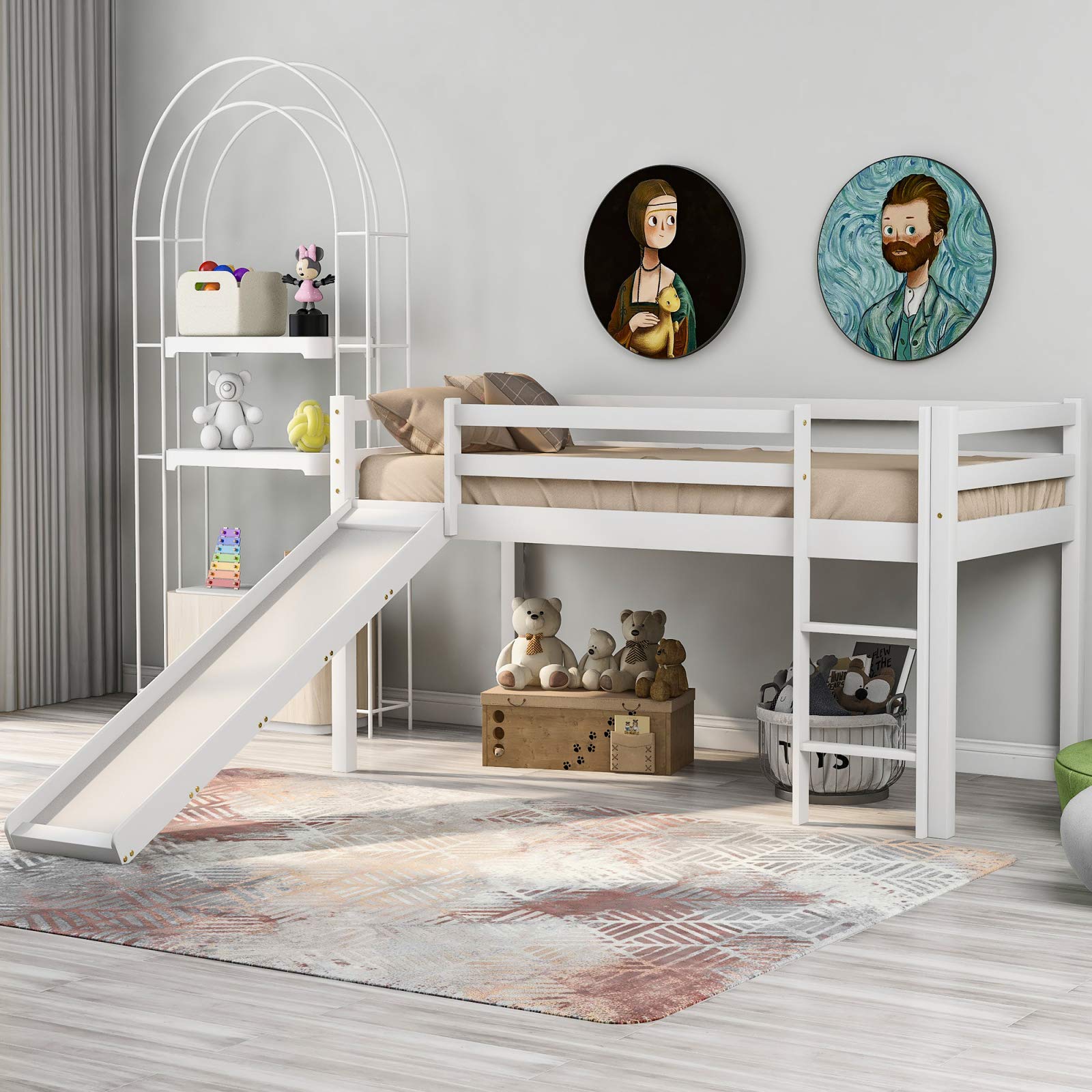 VSTAR66 Wooden Childrens Bunk Bed with Adjustable Ladder & Slide, Kids