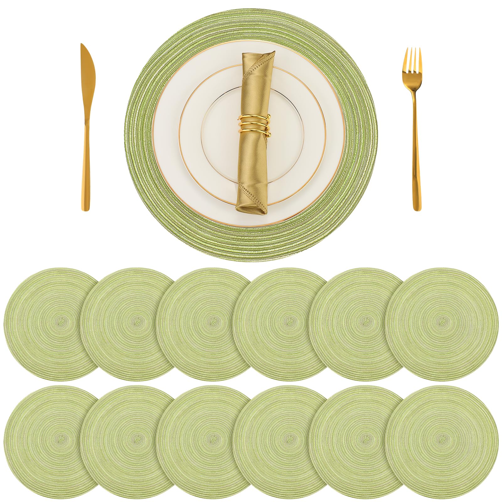 Round Braided Placemats Washable Table Mats 15 Inch Woven Placemats Boho Round Placemats for Kitchen Dining Table Plate Mat for Party(Green, 12 Set)