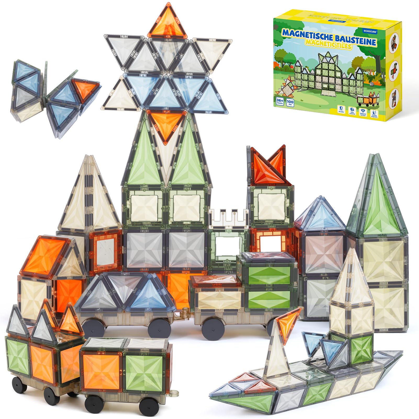 100 Pz di Magnetic Building Tiles, Set di Blocchi Magnetici in Colori Naturali con Veicoli Magnetici, Giochi Educativi per Regalo di Compleanno per Bambini dai 36 Mesi in su