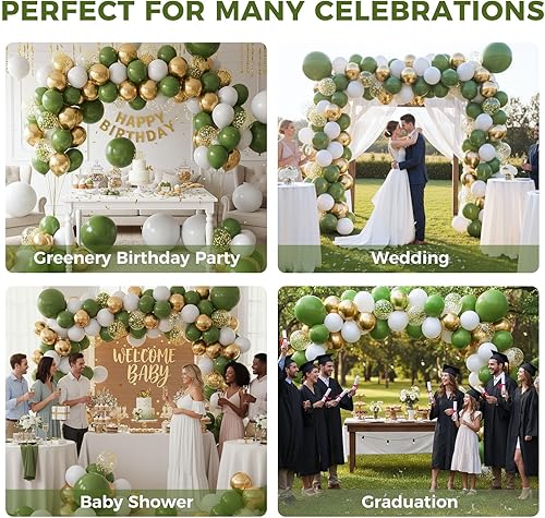 Miniatura 5 de LovesTown Kit de guirnalda de globos verde salvia, kit de arco de 150 piezas, globos de látex de diferentes tamaños, globos metálicos de confeti