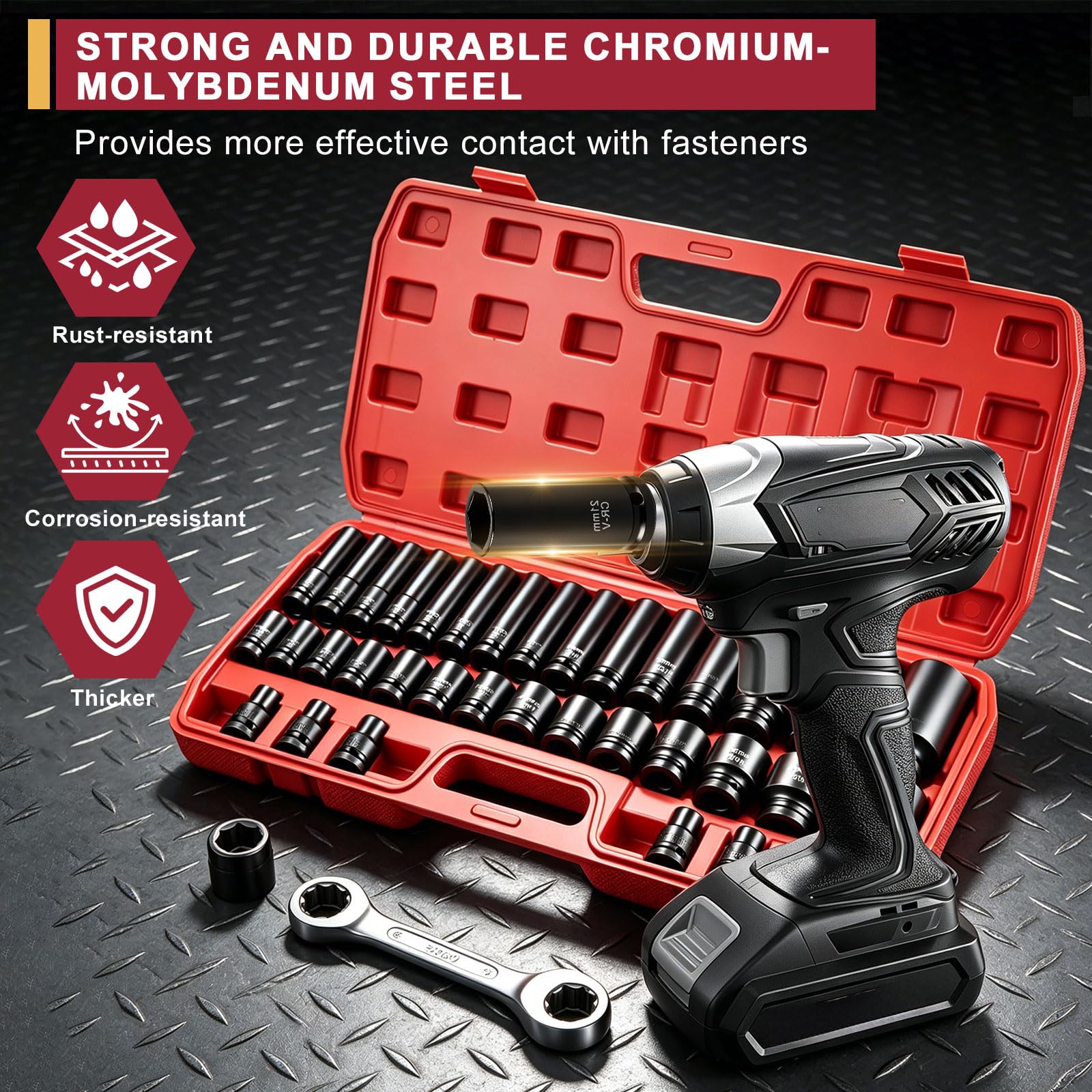 Set Chiavi a Bussola 1/2 35 Pezzi, 8-32mm Bussole a Impatto Lunghe, Set Bussole 1/2 Esagonali CR-MO, 6 Punti per Meccanica Auto con Custodia, Chiave Bussola per Avvitatore