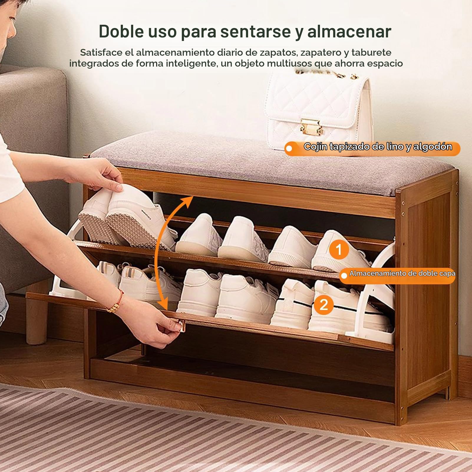 Banco de Almacenamiento de Entrada con Zapatero con Asiento Acolchado, gabinete Organizador de Zapatos de Madera de 2 Niveles para Armario, Entrada, Pasillo, Dormitorio