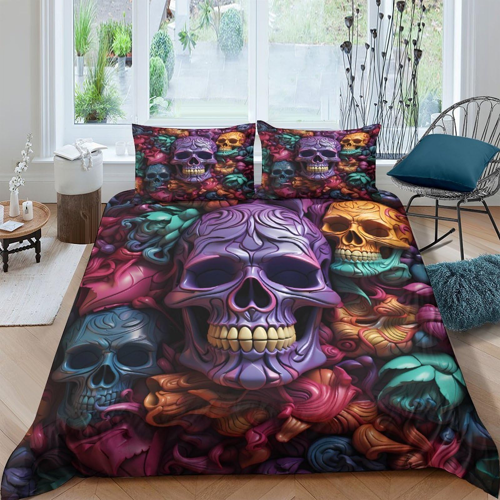 Ctjqhvkz Style-1 3D Printed Colorful Skull Fitted Sheet Microfiber Soft Artistic Gothic Bed Sheet For Bedroom Dorm Decoration Mattress Cover Single（135X200cm）
