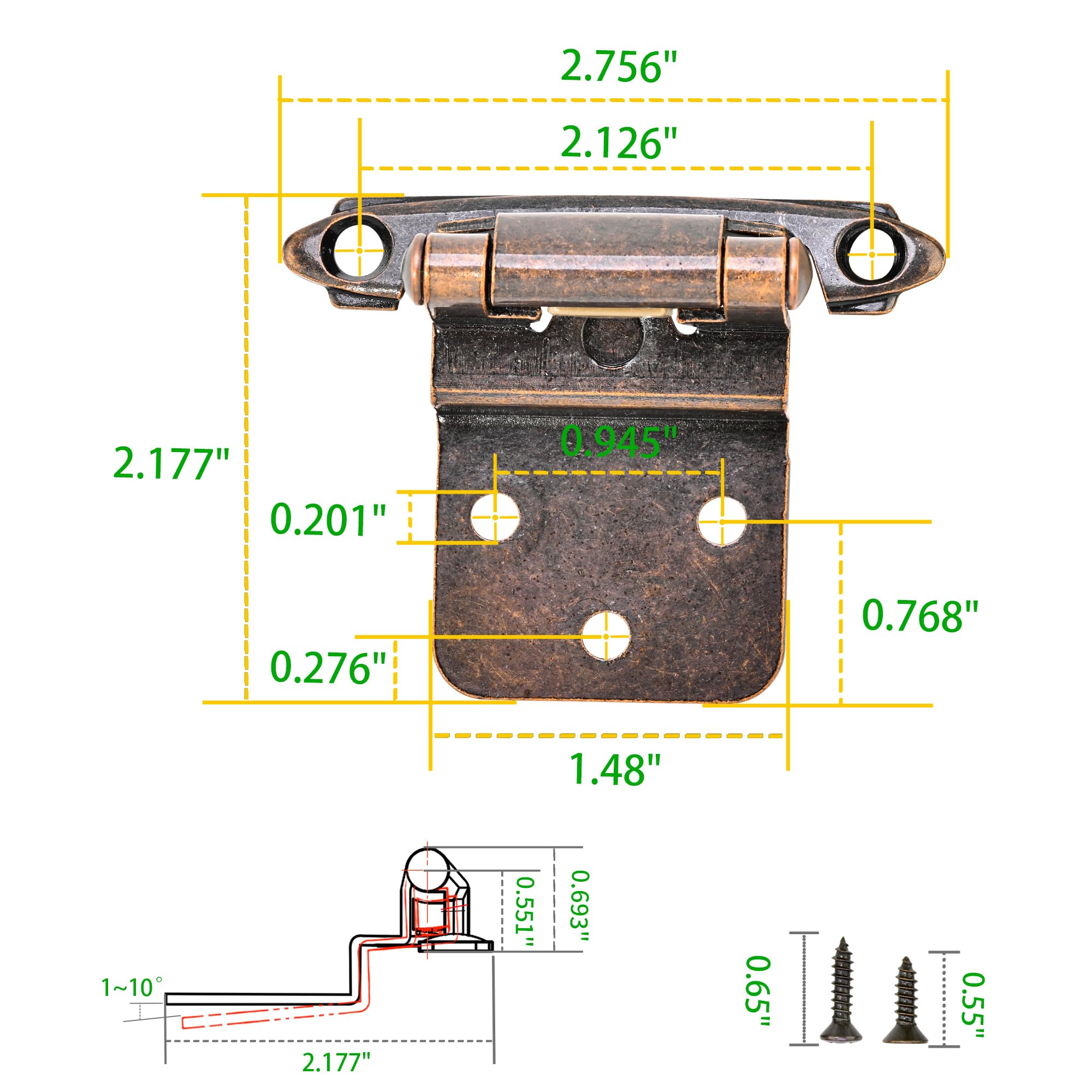 Confezione da 50 paia di cerniere per ante di armadietti da 9,5 mm, in bronzo lucidato ad olio, a chiusura automatica, cerniere per ante di armadietti da cucina, cerniere semi- cerniere variabili per