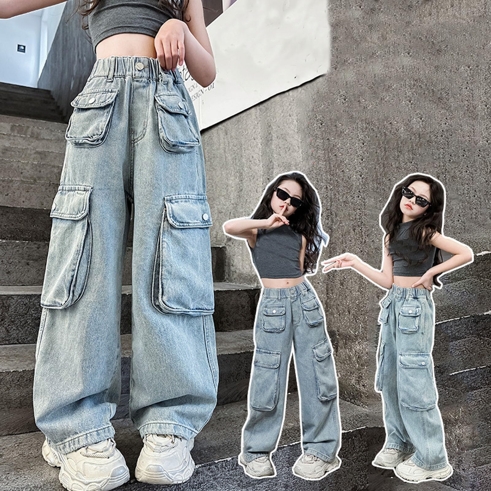 Vaqueros para niños Corte Amplio sin apretar Vaqueros de Cintura Media para Primavera, Verano y otoño Jeans de Pierna Ancha Elásticos y cómodos Jeans con cordón Ajustable Corte Amplio sin apretar