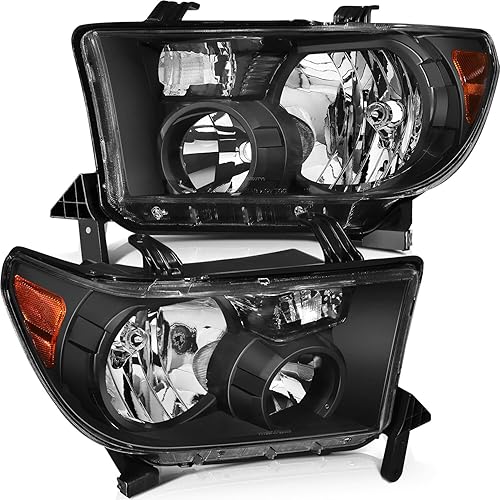 cciyu Conjunto de faros delanteros para Toyota Sequoia 2008-2017, para Toyota Tundra 2007-2013, carcasa negra, reflector ámbar, lentes transparentes