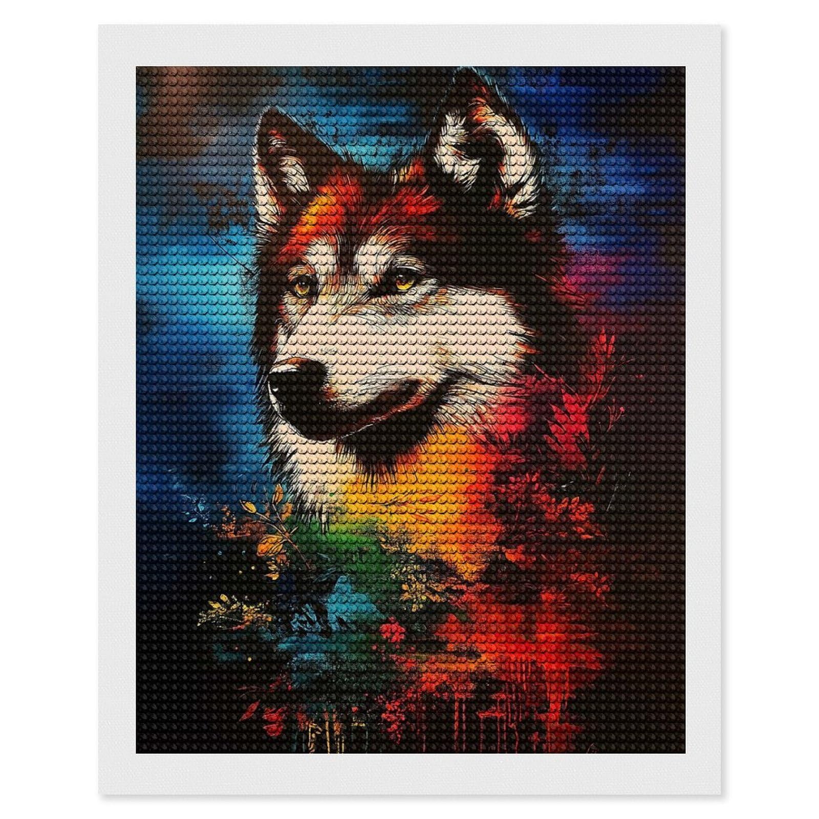 Junmoney Wolf Portrait with Floral Background Diamond Art Kit 16"x20", for Beginners, Vintage Style Decor, Good for Quiet Evenings, Festive Craft Gift
