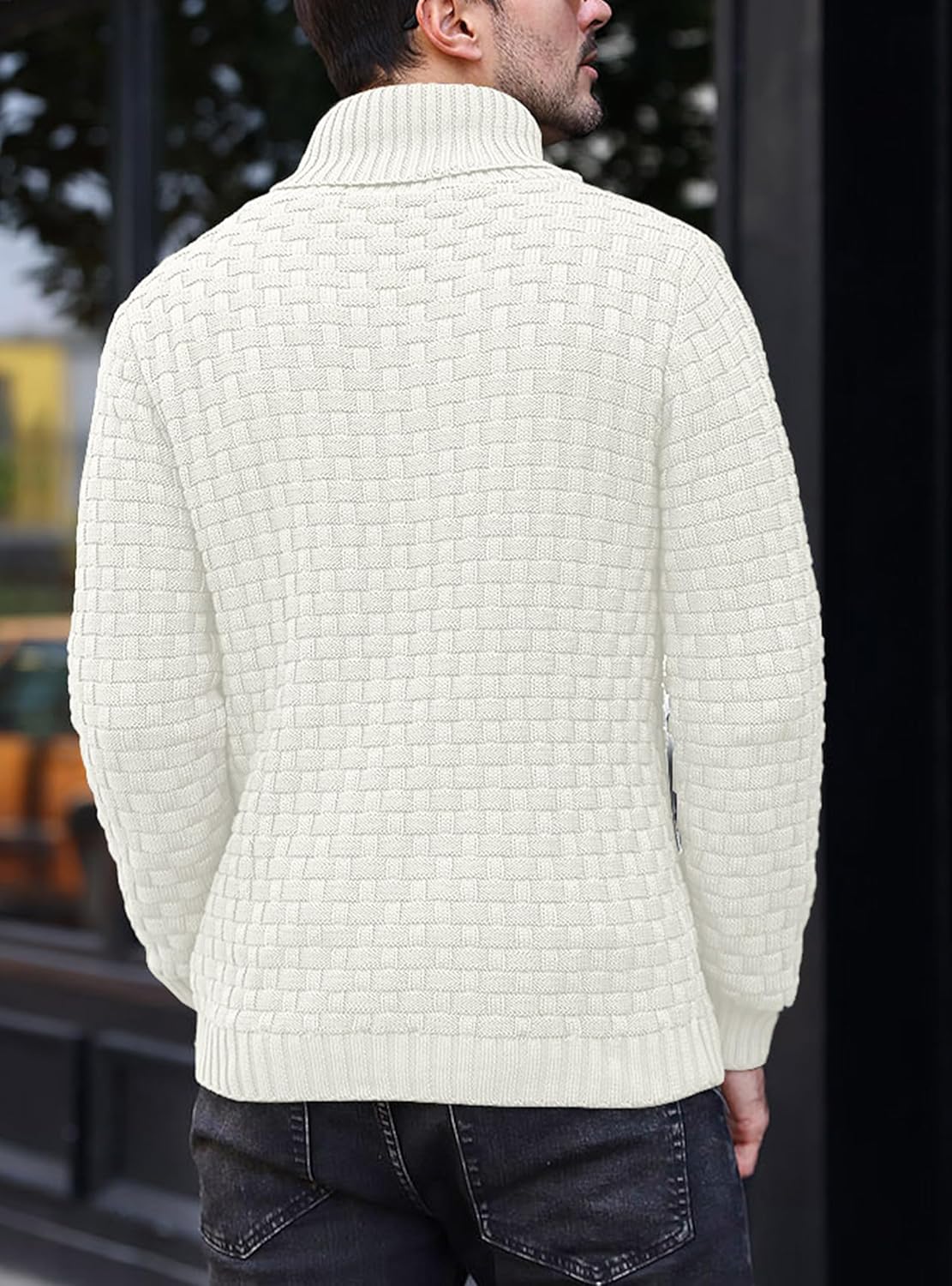 Mens Casual Pullover Fall Winter Turtleneck Cable Knit v Neck Fisherman Waffle Sweater - Image 2