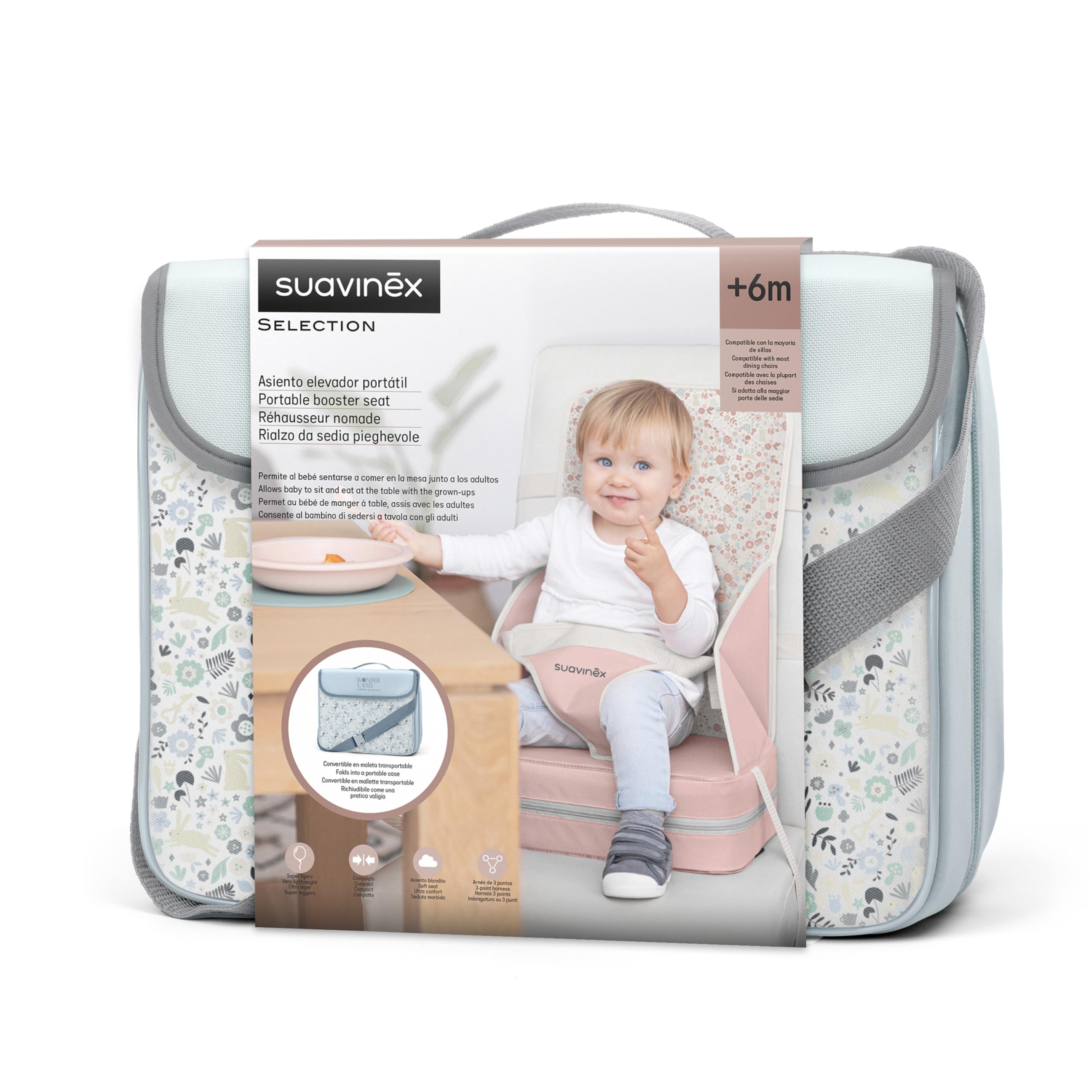 Suavinex, Rialzo sedia portatile per Bimbi +6 Mesi, Rialzo sedia per la pappa,Trasformabile in Borsa, Facile da Pulire, Leggero, con Tracolla, Comodo, Morbido e con Schienale, Azzurro