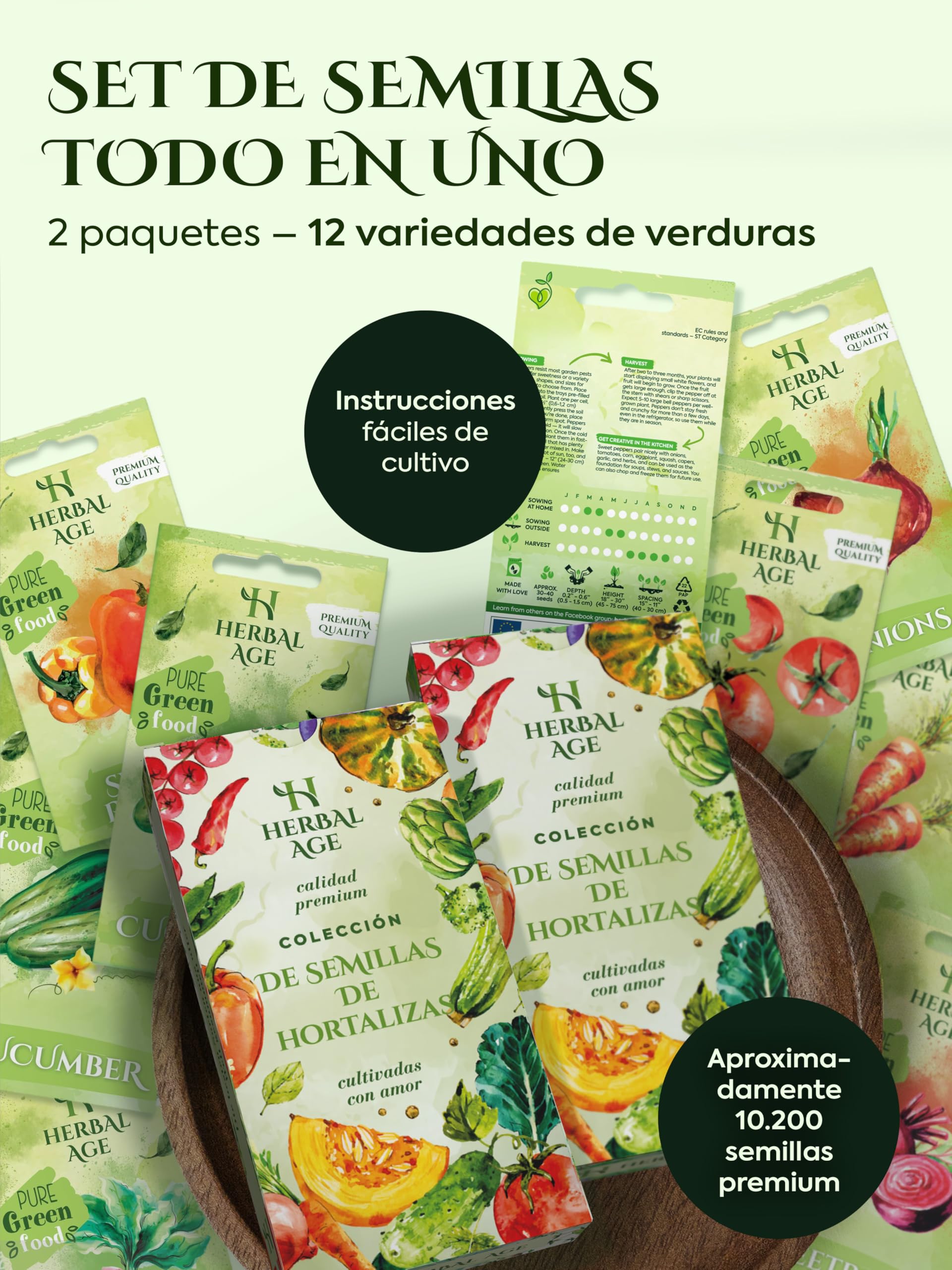 Kit Semillas Huerto Urbano De 12 Vegetales – Pack de 2, 10.200 Ecológicas Semillas De Tomate, Pepino, Lechuga, Tomates Cherry – Kit Huerto En Casa Pack, Regalos Originales Para Hombre y Mujer